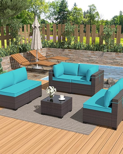 Outdoor Furniture Set 7PCS Patio Furniture for Backyard Wicker Sectional Sofa Set 6 Seats, PE Rattan Outdoor Conversation Set with Thickened Cushions and Glass Coffee Table, Blue - LeafyLoom