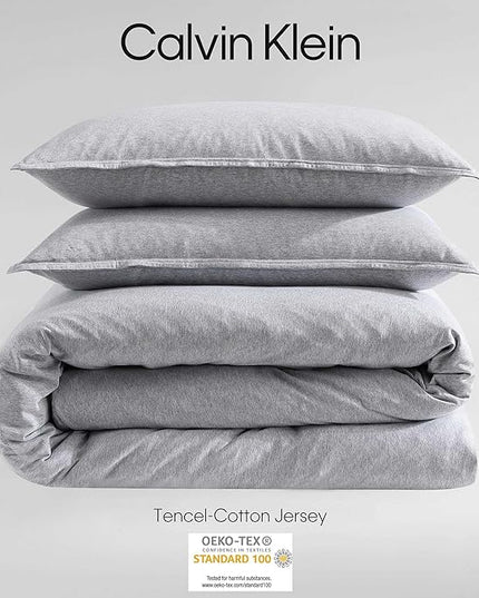 Calvin Klein - Queen Comforter Set, Luxuriously Soft Home Decor, Modern Cotton Melange Jersey Bedding (Grey Blue Heather, Queen) - LeafyLoom