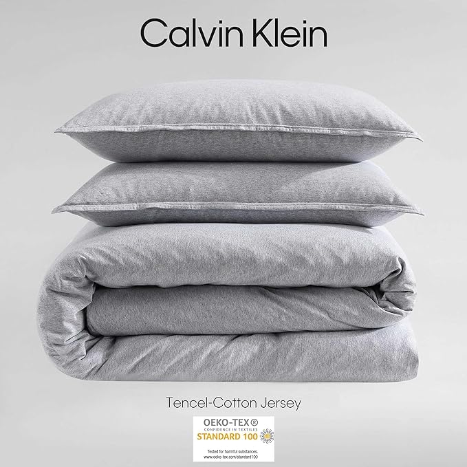Calvin Klein - Queen Comforter Set, Luxuriously Soft Home Decor, Modern Cotton Melange Jersey Bedding (Grey Blue Heather, Queen) - LeafyLoom
