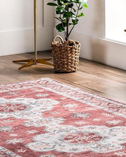 nuLOOM Norma Machine Washable Traditional Medallion Ultra Thin Area Rug, 8' x 10', Rust - LeafyLoom