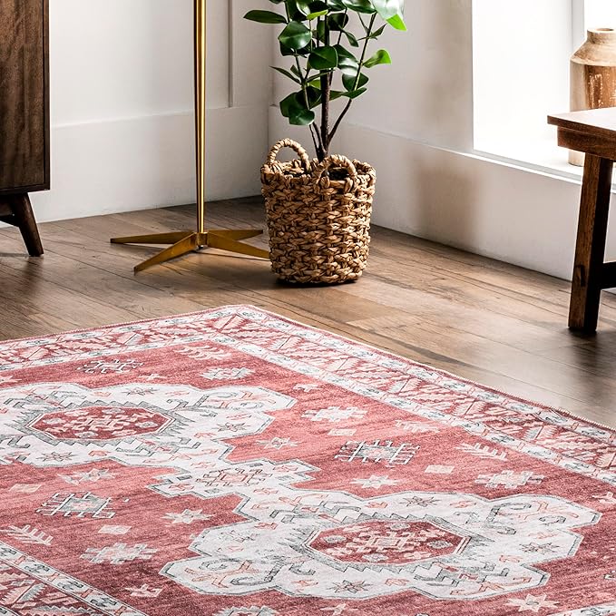nuLOOM Norma Machine Washable Traditional Medallion Ultra Thin Area Rug, 8' x 10', Rust - LeafyLoom