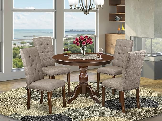 East West Furniture HBEL5-MAH-16 Hartland 5 Piece Kitchen Set for 4 Includes a Round Room Table with Pedestal and 4 Dark Khaki Linen Fabric Parsons Dining Chairs, 42x42 Inch - LeafyLoom
