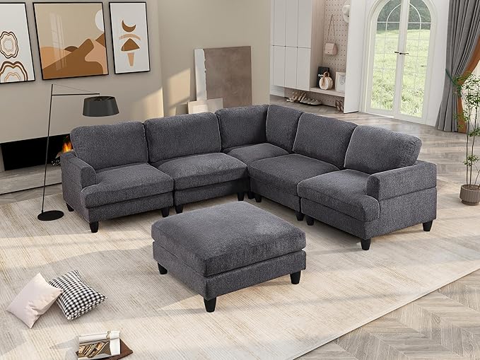 129.5" Modular Sectional Couch with Ottoman,6 Seat Chenille Corner Sofa with Seat Cushions Have a Built-in sSpring Pack,Multi-layered Plywood,for Living Room, Apartment, Bedroom, Office - LeafyLoom