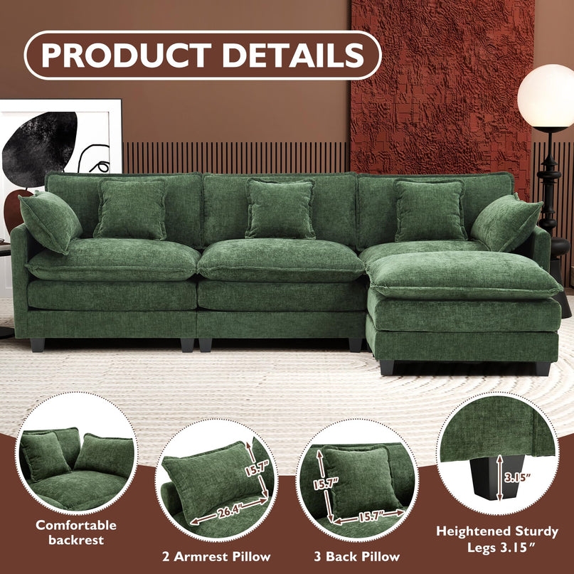 Ihanherry 111.4" L Shaped Modern Sofa Modular Sectional Cloud Couch with Ottoman, 4-Seat Chenille Deep Seat Sofa with Pillow for Living Room, Bedroom and Apartment, Beige LeafyLoom