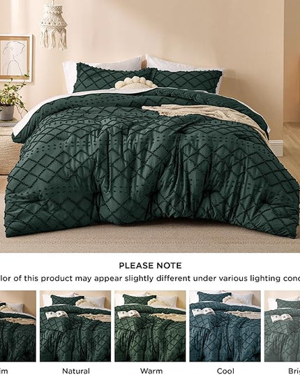 Bedsure California King Comforter Set - Forest Green Comforter, Boho Tufted Shabby Chic Bedding Comforter Set, 3 Pieces Farmhouse Bed Set for All Seasons, Fluffy Bedding Set with 2 Pillow Shams - LeafyLoom