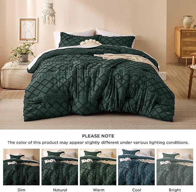 Bedsure California King Comforter Set - Forest Green Comforter, Boho Tufted Shabby Chic Bedding Comforter Set, 3 Pieces Farmhouse Bed Set for All Seasons, Fluffy Bedding Set with 2 Pillow Shams - LeafyLoom