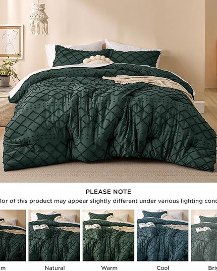 Bedsure King Size Comforter Set - Dark Emerald Green Comforter, Forest Green Boho Tufted Shabby Chic Bedding Comforter Set, 3 Pieces Vintage Farmhouse Bed Set with 2 Pillow Shams for All Seasons - LeafyLoom