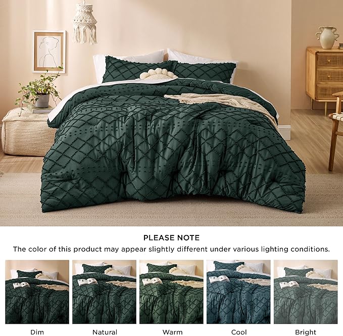 Bedsure Twin/Twin XL Comforter Set - Forest Green Boho Twin Extra Long Comforter Set for College, Shabby Chic Dorm Bedding Set, 2 Pieces Modern Farmhouse Bed Set, includes 1 Pillow Sham - LeafyLoom
