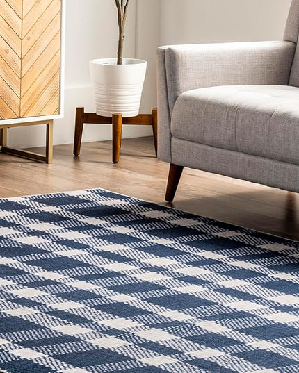 nuLOOM Rianne Machine Washable Plaid Farmhouse Ultra Thin Area Rug, 8' x 10', Blue - LeafyLoom