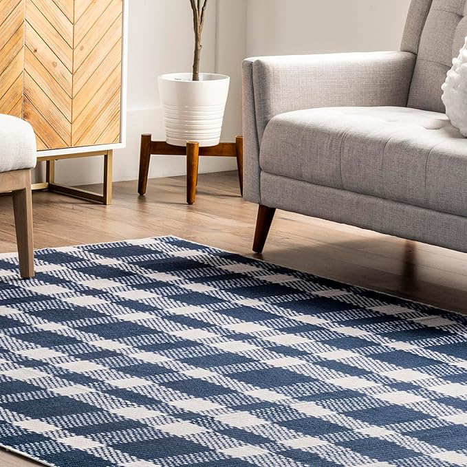 nuLOOM Rianne Machine Washable Plaid Farmhouse Ultra Thin Area Rug, 8' x 10', Blue - LeafyLoom