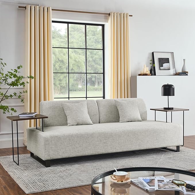 Morden Linen Upholstered 3 Seat Sofa Couch with Two End Tables and 2 Pillows, Free Transformation Removable Back and Armrests for Living Room, 86.25", Beige-395 - LeafyLoom