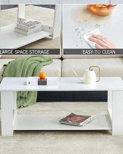 Farmhouse Wood Coffee Table - Boho Tea Table with Storage Shelf, Rectangle Center Table Wood Look Accent Table, 2-Tier Sofa Side Table Modern Rectangular Coffee Table Living Room Furniture - LeafyLoom