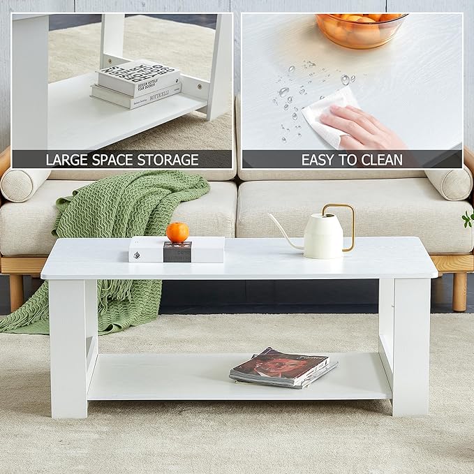 Farmhouse Wood Coffee Table - Boho Tea Table with Storage Shelf, Rectangle Center Table Wood Look Accent Table, 2-Tier Sofa Side Table Modern Rectangular Coffee Table Living Room Furniture - LeafyLoom