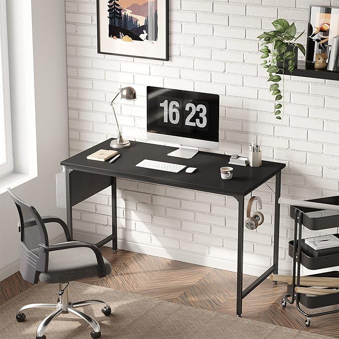 CubiCubi Computer Desk 40" Study Writing Table for Home Office, Modern Simple Style PC Desk, Black Metal Frame, Black - LeafyLoom