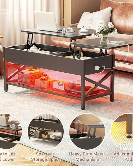 Coffee Table, Lift Top Coffee Table with Storage, LED Light & Power Outlet and Hidden Compartment, Retro Center Table for Living Room, X Support Wood Tabletop, Metal Frame,Black - LeafyLoom