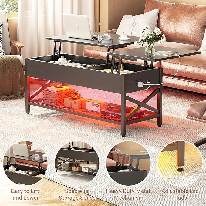 Coffee Table, Lift Top Coffee Table with Storage, LED Light & Power Outlet and Hidden Compartment, Retro Center Table for Living Room, X Support Wood Tabletop, Metal Frame,Black - LeafyLoom