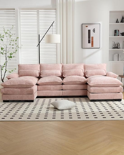 6 Seater Overstuffed Modular Sectional Sofa Cloud Couch with Double Chaise Lounge, U Shaped Chenille Upholstered Leisure Sofa&Couches with Memory Foam and Waist Pillows for Living Room Office - LeafyLoom