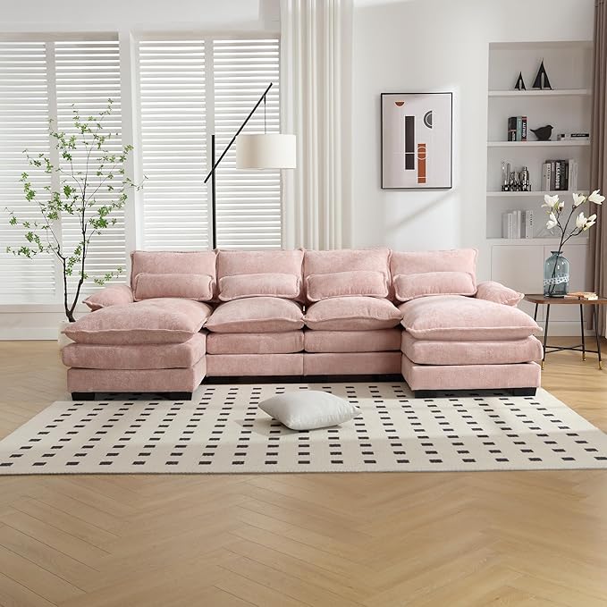 6 Seater Overstuffed Modular Sectional Sofa Cloud Couch with Double Chaise Lounge, U Shaped Chenille Upholstered Leisure Sofa&Couches with Memory Foam and Waist Pillows for Living Room Office - LeafyLoom