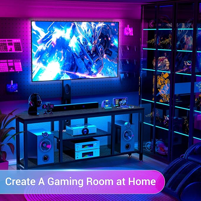 Corner TV Stand LED, Universal TV Mount Stand for 32-60" TV, Height Adjustable Swivel TV Console Wood & Steel Entertainment Center with Mount, Cabinet, Power Outlet, Colorful LED Light, Black - LeafyLoom