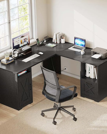 YITAHOME L Shaped Desk with Power Outlets, 60 Inch Computer Desk Corner Desk with File Drawer, Home Office Desk with Monitor Stand & Storage Shelves, L-Shaped Desk with File Cabinet, Black - LeafyLoom