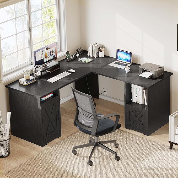 YITAHOME L Shaped Desk with Power Outlets, 60 Inch Computer Desk Corner Desk with File Drawer, Home Office Desk with Monitor Stand & Storage Shelves, L-Shaped Desk with File Cabinet, Black - LeafyLoom