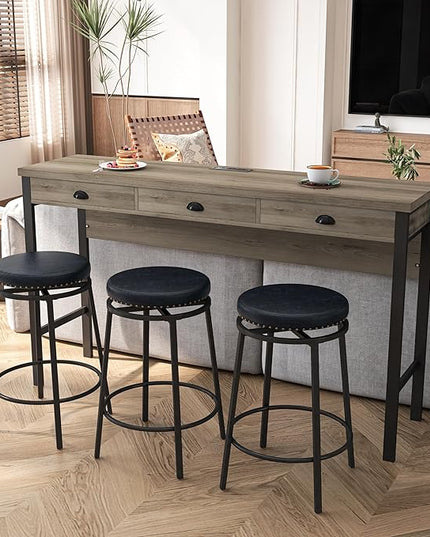 NicBex Modern Dining Table Counter Height Dining Table Set 3-Drawer Long Dining Table Set, Bar Kitchen Table Set with Circular Pu Stools for Dining Room, Easy Assemble, Brown Gray Table+Black Stool - LeafyLoom