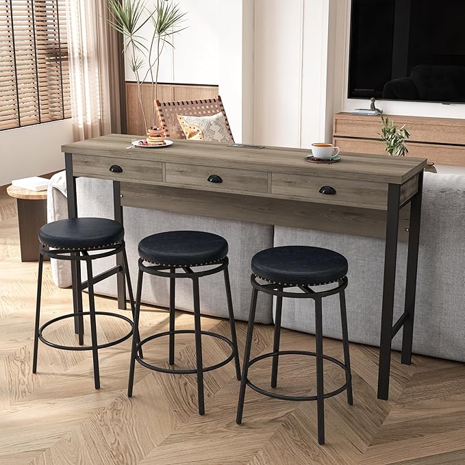 NicBex Modern Dining Table Counter Height Dining Table Set 3-Drawer Long Dining Table Set, Bar Kitchen Table Set with Circular Pu Stools for Dining Room, Easy Assemble, Brown Gray Table+Black Stool - LeafyLoom