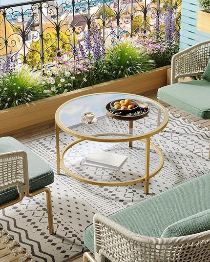 SAYGOER Round Glass Coffee Table 2 Tier Coffee Tables with Storage Shelf for Large or Small Space Modern Simple Center Table with Gold Frame for Living Room Home Office, Easy Assembly… - LeafyLoom