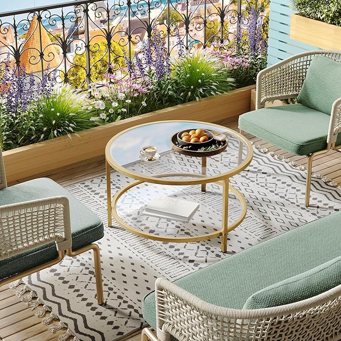 SAYGOER Round Glass Coffee Table 2 Tier Coffee Tables with Storage Shelf for Large or Small Space Modern Simple Center Table with Gold Frame for Living Room Home Office, Easy Assembly… - LeafyLoom