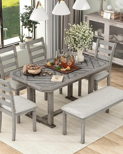 Merax 6-Piece Rubber Wood Dining Table Set with 4 Cushioned Chairs and Bench, Beautiful Grain Pattern Tabletop, Light Gray - LeafyLoom