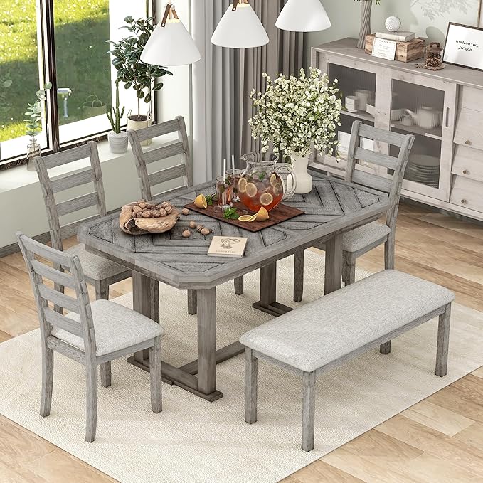 Merax 6-Piece Rubber Wood Dining Table Set with 4 Cushioned Chairs and Bench, Beautiful Grain Pattern Tabletop, Light Gray - LeafyLoom