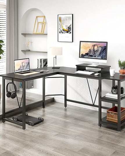 Computer desk, L-shaped Corner Desk with 2-Layer Storage,Large PC Laptop Table with Monitor Stand and CPU Stand,Gaming Desk Writing Table for Office Home (Black Carbon Fiber) - LeafyLoom