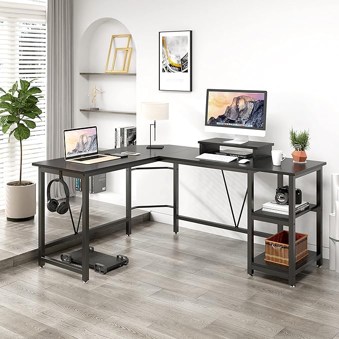 Computer desk, L-shaped Corner Desk with 2-Layer Storage,Large PC Laptop Table with Monitor Stand and CPU Stand,Gaming Desk Writing Table for Office Home (Black Carbon Fiber) - LeafyLoom
