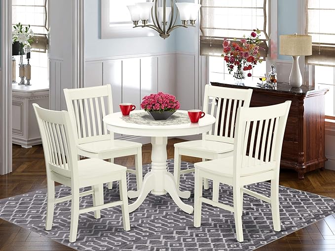East West Furniture Antique 5 Piece Dinette Set for 4 Includes a Round Kitchen Table with Pedestal and 4 Dining Room Chairs, 36x36 Inch, Linen White - LeafyLoom