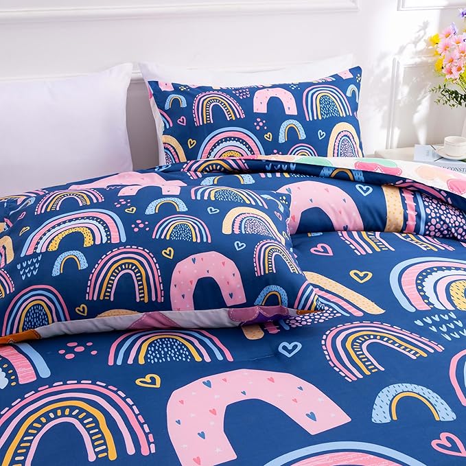 Btargot Lightweight Soft 3 Piece Rainbow Comforter Set with 2 Pillow Covers, Cartoon Love Hearts Suns and Stars Bedding Set for Girls Boys Kids, Queen Dark Blue - LeafyLoom