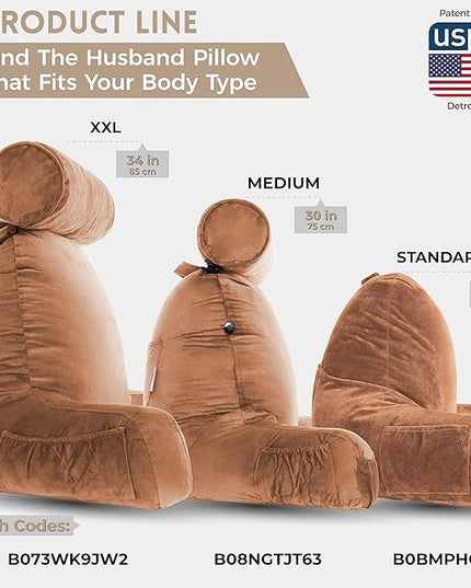 Husband Pillow XXL Tan Backrest with Arms - Adult Reading Pillow Shredded Memory Foam, Ultra-Comfy Removable Microplush Cover & Detachable Neck Roll, Unmatched Support for Bed Rest Sit Up Pillow - LeafyLoom