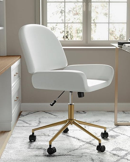 Martha Stewart Tyla Armless Swivel Task Chair for Home Office in White Faux Leather with Polished Brass Frame - LeafyLoom