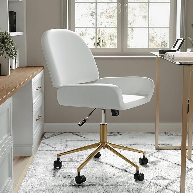 Martha Stewart Tyla Armless Swivel Task Chair for Home Office in White Faux Leather with Polished Brass Frame - LeafyLoom