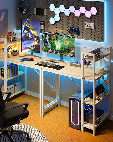 4NM 35" Small Computer Desk with 4-Tier Bookshelf and 8 Hooks, Home Office Desk Writing Workstation Study Table for Small Space Work - Natural and White - LeafyLoom