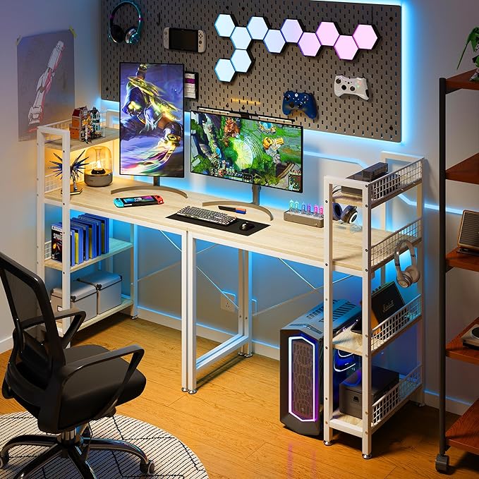 4NM 35" Small Computer Desk with 4-Tier Bookshelf and 8 Hooks, Home Office Desk Writing Workstation Study Table for Small Space Work - Natural and White - LeafyLoom