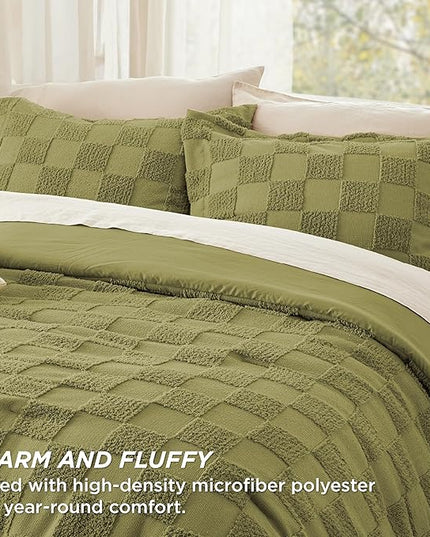 Bedsure Twin/Twin XL Comforter Set Beige, Boho Tufted Bedding Comforter Set, Checkered Farmhouse Shabby Chic Bed Set, 2 Pieces, 1 Plaid Geometric Comforter and 1 Pillow Sham - LeafyLoom