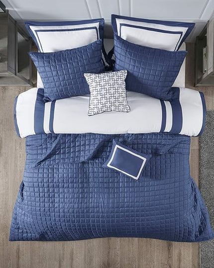 Madison Park Heritage Comforter Quilt Combo Set - Modern Luxury Design, All Season Down Alternative Bedding, Matching Shams, Decorative Pillows, King/Cal King(104"x92"), Color Block Navy 8 Piece - LeafyLoom