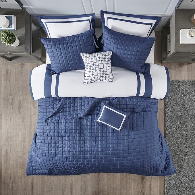 Madison Park Heritage Comforter Quilt Combo Set - Modern Luxury Design, All Season Down Alternative Bedding, Matching Shams, Decorative Pillows, King/Cal King(104"x92"), Color Block Navy 8 Piece - LeafyLoom