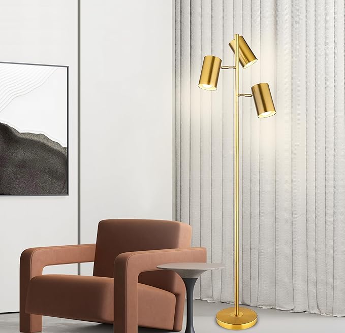 Tree Floor Lamp with 3 Light Bulbs,Gold Standing Tall Pole Lamp with 3 Adjustable Rotating Lights,Farmhouse Floor Lamp for Living Room Bedroom Office,Vintage Standing Lamp 9W E26 LED Bulbs Included - LeafyLoom