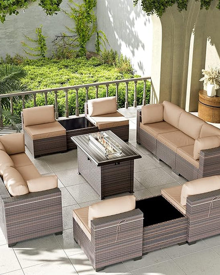 Kullavik 13PCS Outdoor Patio Furniture Set with 43" 55000BTU Gas Propane Fire Pit Table PE Wicker Rattan Sectional Sofa Patio Conversation Sets,Khaki - LeafyLoom