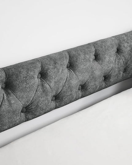 Upholstered Full Size Daybed with Twin Trundle, Solid Wooden Bed Frame w/Button Tufted Backrest and Copper Nail on Waved Shape Arms, No Spring Box Need, Space-Saving Design - LeafyLoom