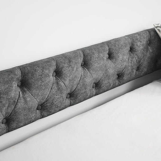 Upholstered Full Size Daybed with Twin Trundle, Solid Wooden Bed Frame w/Button Tufted Backrest and Copper Nail on Waved Shape Arms, No Spring Box Need, Space-Saving Design - LeafyLoom