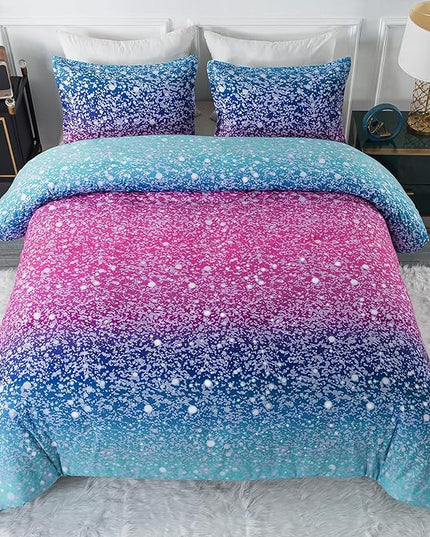 Litanika Galaxy Comforter Full(79x90lnch), 3 Pieces(1 Blue Glitter Ombre Comforter, 2 Pillowcases), 3D Colorful Rainbow Bedding Set, Microfiber Comforter Set for Kid Boy Girl Teen - LeafyLoom