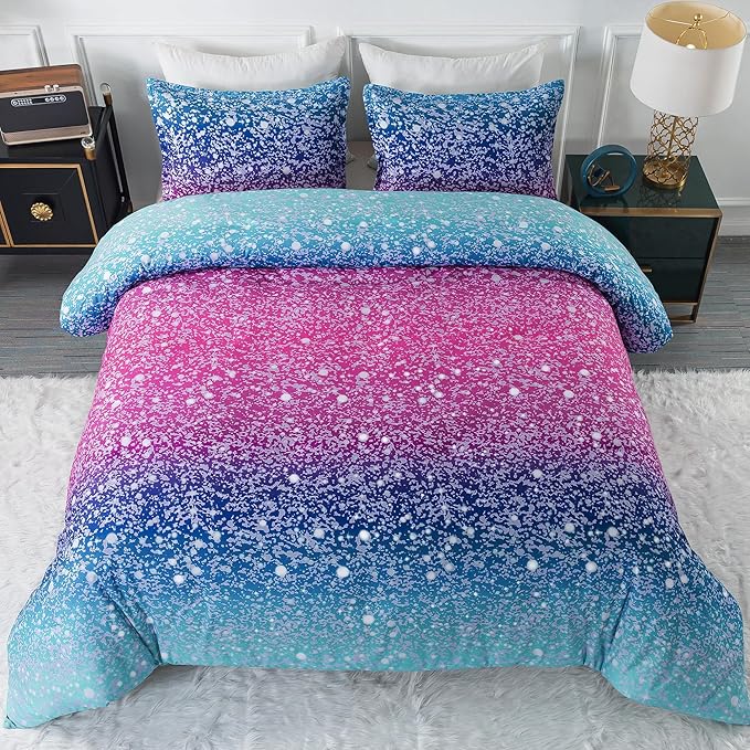 Litanika Galaxy Comforter Twin(66x90lnch), 3 Pieces(1 Blue Glitter Ombre Comforter, 2 Pillowcases), 3D Colorful Rainbow Bedding Set, Microfiber Comforter Set for Kid Boy Girl Teen - LeafyLoom