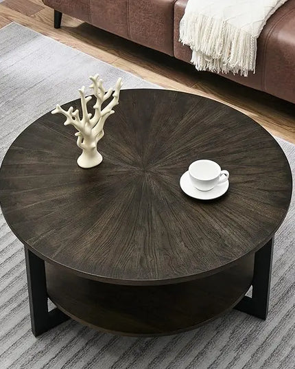 MODERION Round Coffee Table with Storage Shelf, Farmhouse Living Room Cocktail Table with Black Metal Legs, Circular Solid Wood Center Tea/ Sofa Table, 35.3''Dx17.8''H, Brushed Black KFZ1338BK - LeafyLoom
